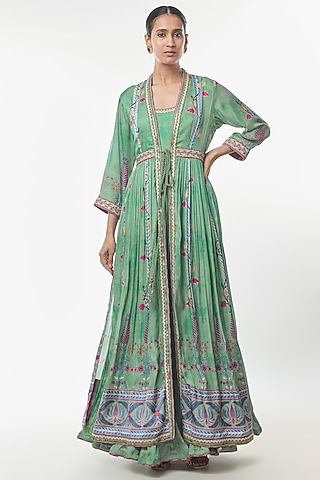 Sage Green Satin Silk Floral Embroidered Anarkali Set by Punit Balana