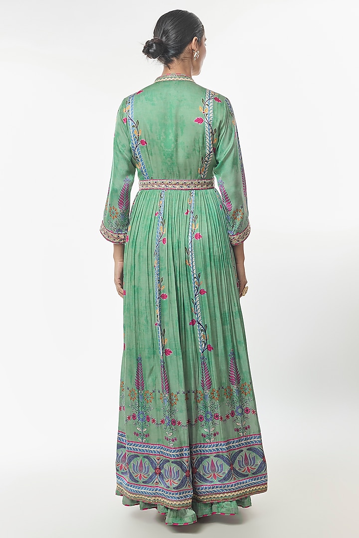 Sage Green Satin Silk Floral Embroidered Wedding Anarkali Set by Punit Balana at Pernia's Pop Up Shop