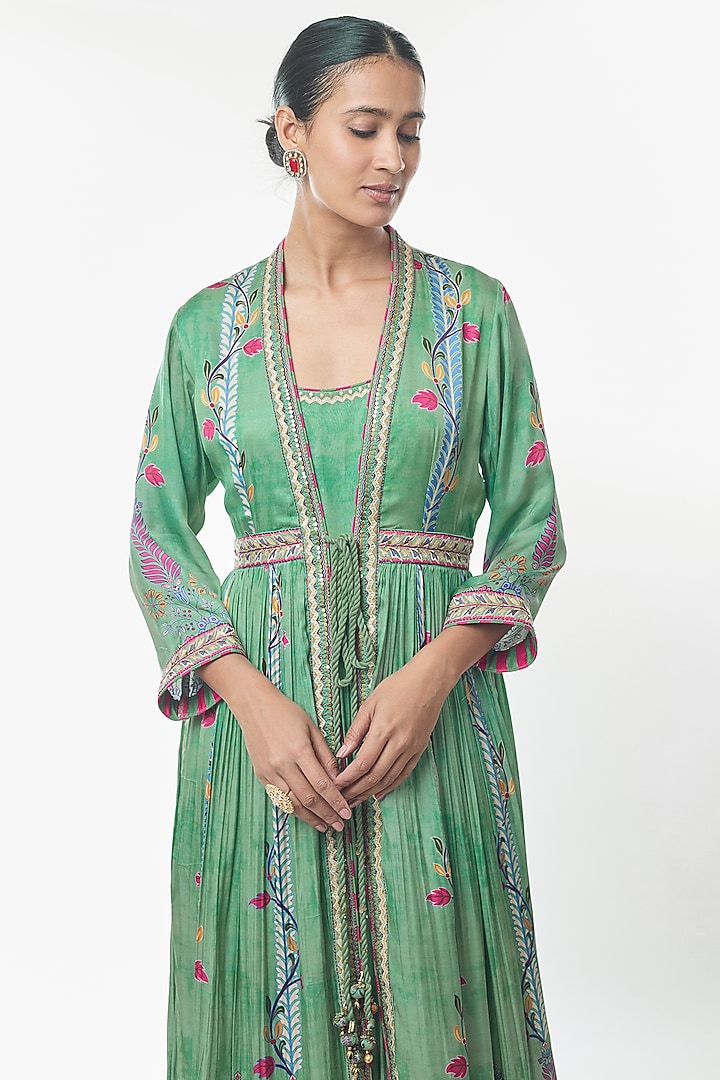 Sage Green Satin Silk Floral Embroidered Wedding Anarkali Set by Punit Balana at Pernia's Pop Up Shop