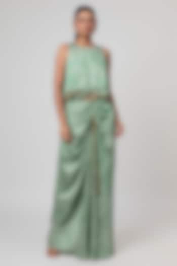 Sage Green Linen Satin Draped Skirt Set by Punit Balana at Pernia's Pop Up Shop