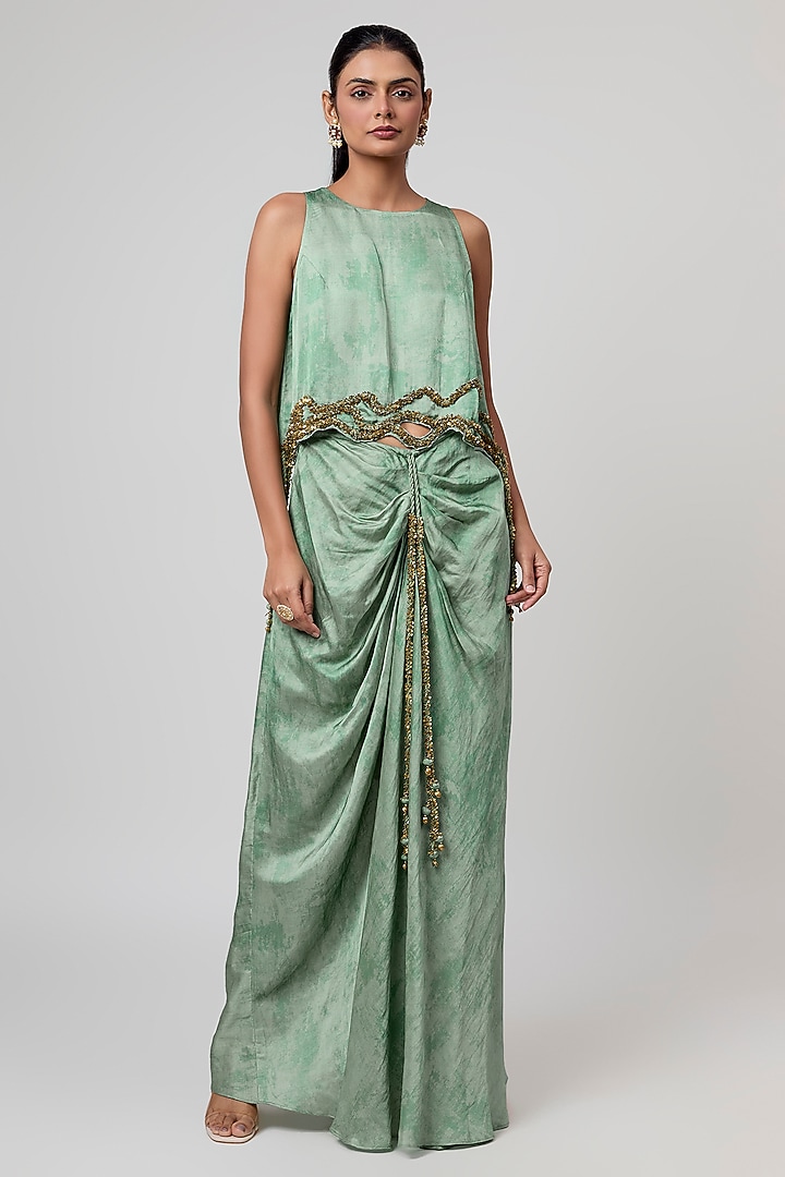 Sage Green Linen Satin Draped Skirt Set by Punit Balana at Pernia's Pop Up Shop