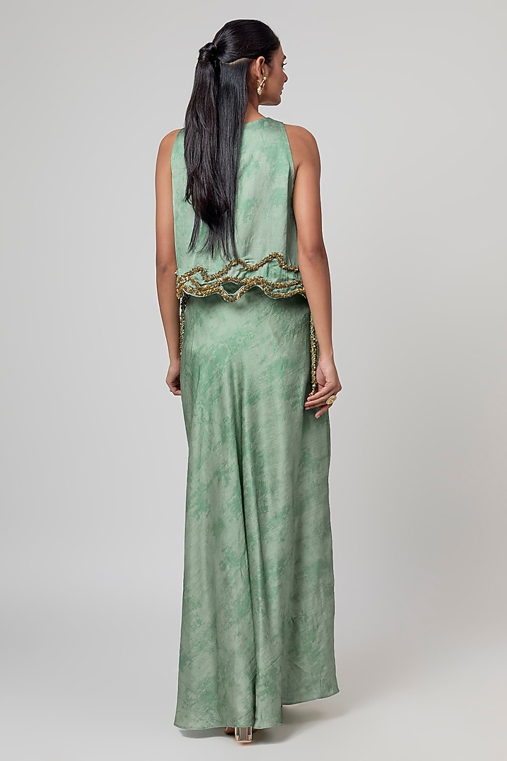 Sage Green Linen Satin Draped Skirt Set by Punit Balana at Pernia's Pop Up Shop