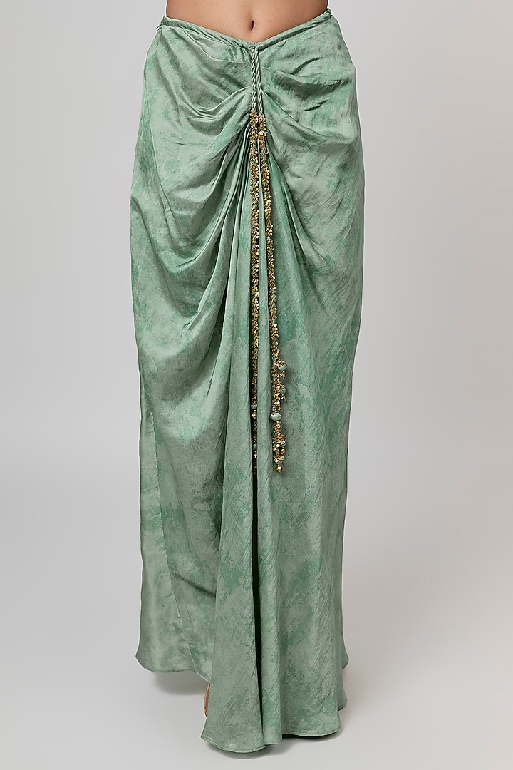 Sage Green Linen Satin Draped Skirt Set by Punit Balana at Pernia's Pop Up Shop