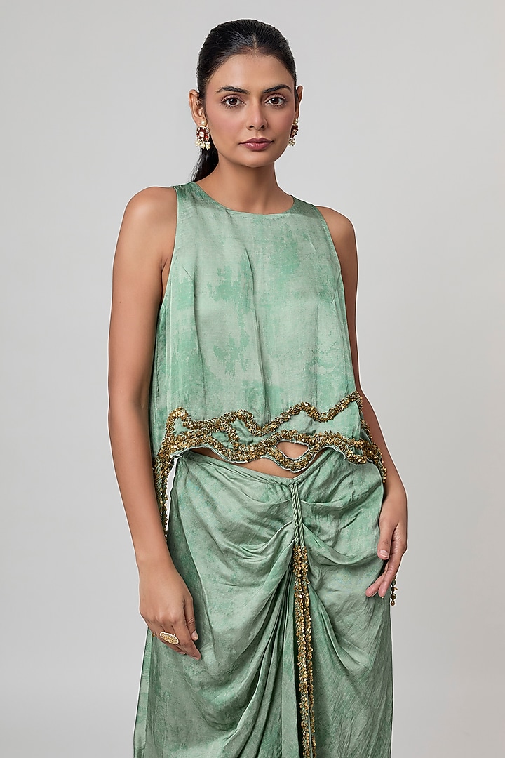 Sage Green Linen Satin Draped Skirt Set by Punit Balana at Pernia's Pop Up Shop