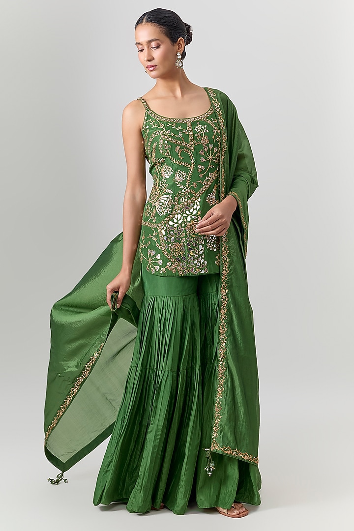 Green Silk Flared Gharara Set by Punit Balana at Pernia's Pop Up Shop