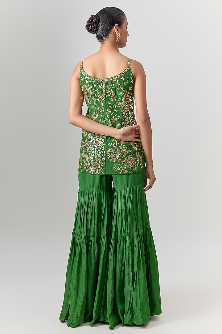 Green Silk Flared Gharara Set by Punit Balana at Pernia's Pop Up Shop