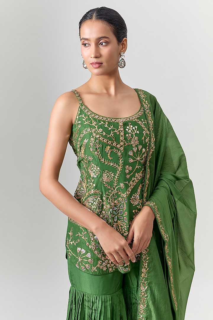 Green Silk Flared Gharara Set by Punit Balana at Pernia's Pop Up Shop