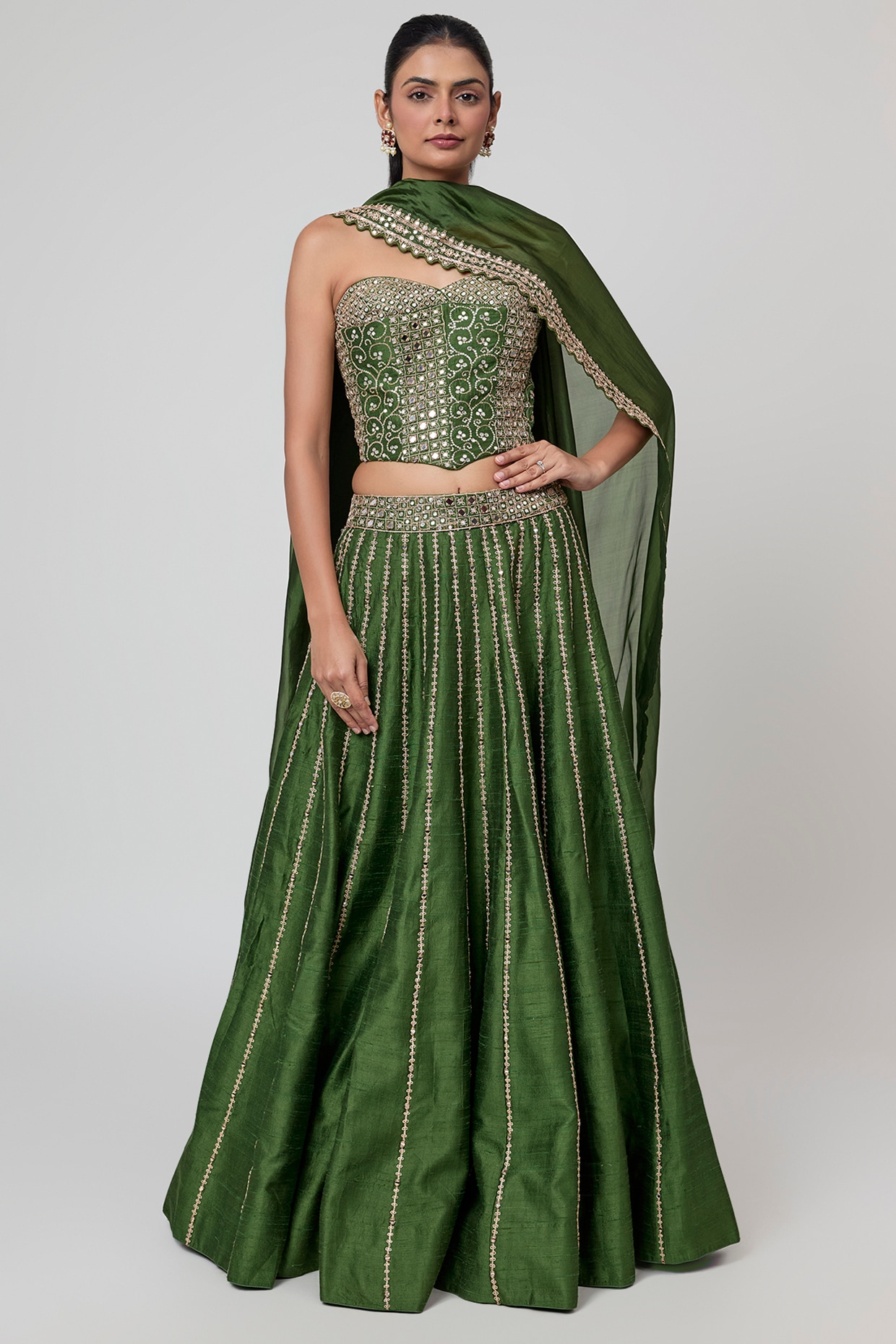 Punit Balana Green Raw Silk Mirror Embroidered Bridal Lehenga Set