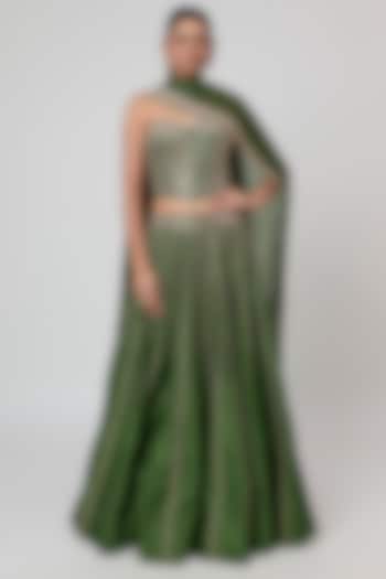 Green Raw Silk Mirror Embroidered Bridal Wedding Lehenga Set by Punit Balana at Pernia's Pop Up Shop
