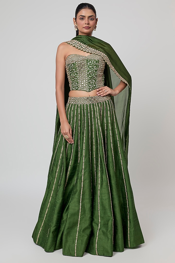 Green Raw Silk Mirror Embroidered Bridal Wedding Lehenga Set by Punit Balana at Pernia's Pop Up Shop