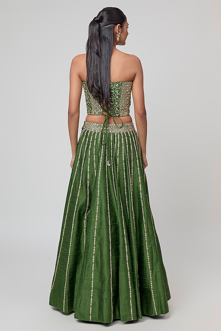 Green Raw Silk Mirror Embroidered Bridal Wedding Lehenga Set by Punit Balana at Pernia's Pop Up Shop