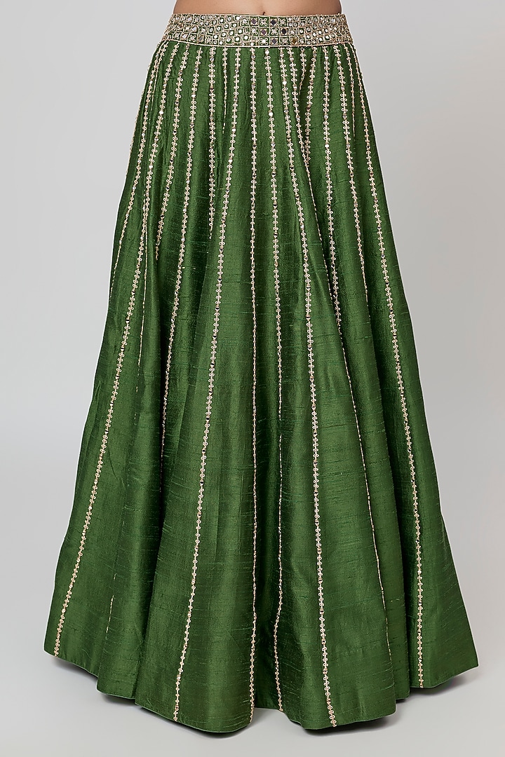 Green Raw Silk Mirror Embroidered Bridal Wedding Lehenga Set by Punit Balana at Pernia's Pop Up Shop