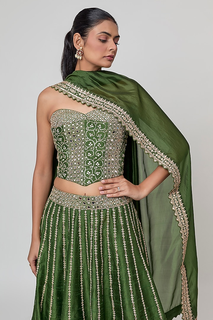 Green Raw Silk Mirror Embroidered Bridal Wedding Lehenga Set by Punit Balana at Pernia's Pop Up Shop