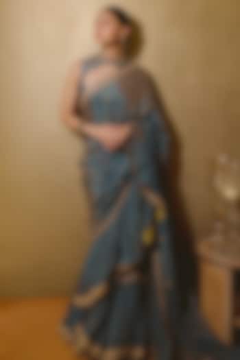 Mist Blue Banarasi Tissue Silk Dabka Embroidered Ruffled Reception Saree Set by Punit Balana at Pernia's Pop Up Shop