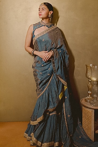 Mist Blue Banarasi Tissue Silk Dabka Embroidered Ruffled Saree Set by Punit Balana