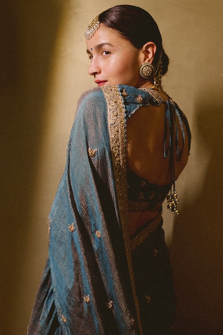 Mist Blue Banarasi Tissue Silk Dabka Embroidered Ruffled Reception Saree Set by Punit Balana at Pernia's Pop Up Shop