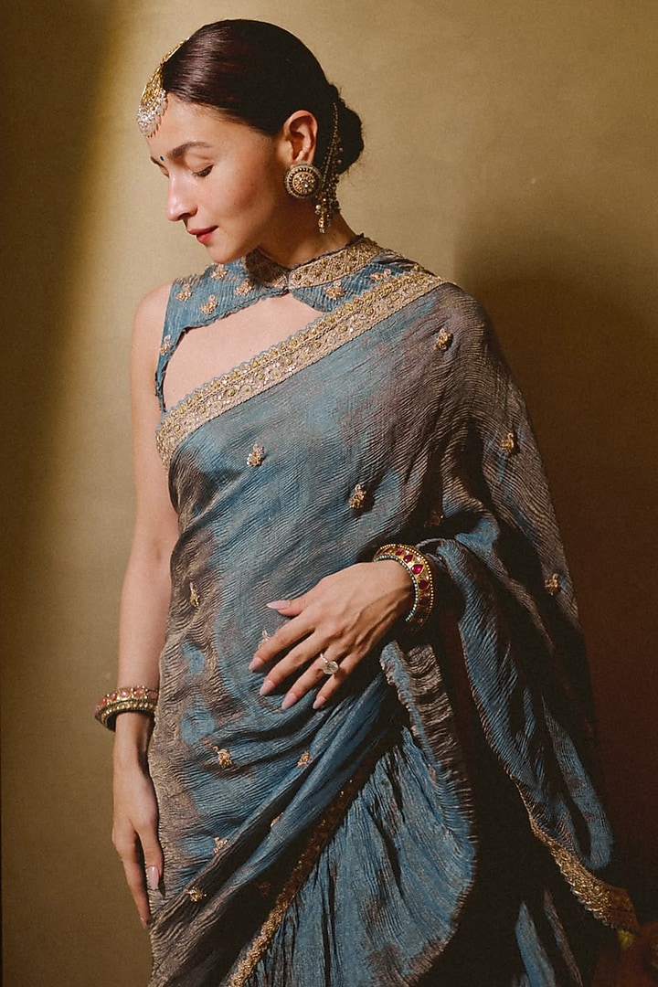 Mist Blue Banarasi Tissue Silk Dabka Embroidered Ruffled Reception Saree Set by Punit Balana at Pernia's Pop Up Shop