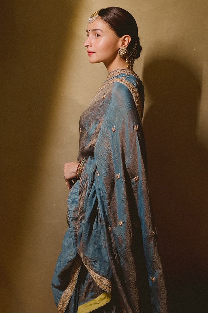 Mist Blue Banarasi Tissue Silk Dabka Embroidered Ruffled Reception Saree Set by Punit Balana at Pernia's Pop Up Shop