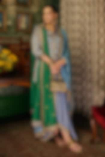 Mist Blue Satin Silk Printed & Embroidered Kurta Set by Punit Balana at Pernia's Pop Up Shop