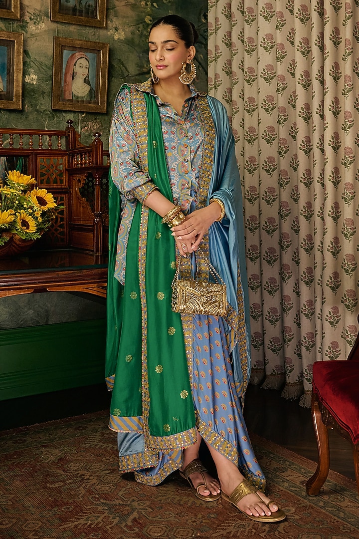 Mist Blue Satin Silk Printed & Embroidered Kurta Set by Punit Balana at Pernia's Pop Up Shop