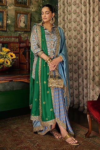Mist Blue Satin Silk Printed & Embroidered Kurta Set by Punit Balana