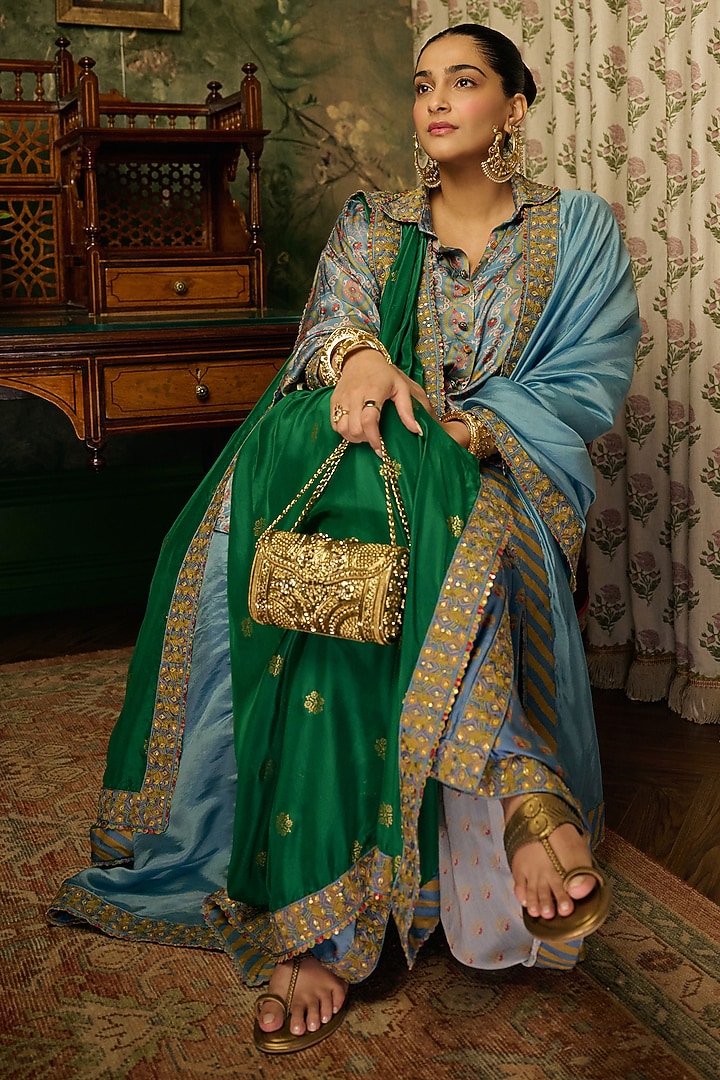 Mist Blue Satin Silk Printed & Embroidered Kurta Set by Punit Balana at Pernia's Pop Up Shop