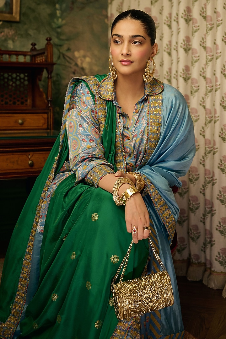 Mist Blue Satin Silk Printed & Embroidered Kurta Set by Punit Balana at Pernia's Pop Up Shop