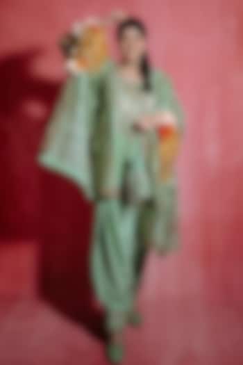Sage Green Silk Chandi Tilla Embroidered Kurta Set by Punit Balana at Pernia's Pop Up Shop