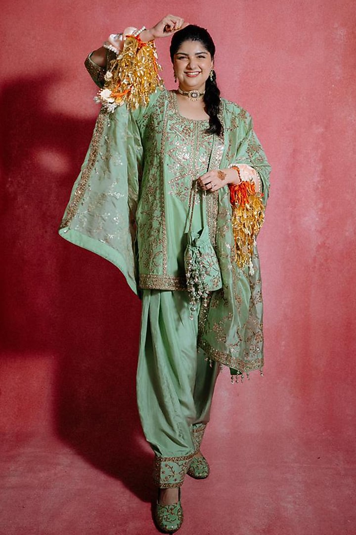 Sage Green Silk Chandi Tilla Embroidered Kurta Set by Punit Balana at Pernia's Pop Up Shop