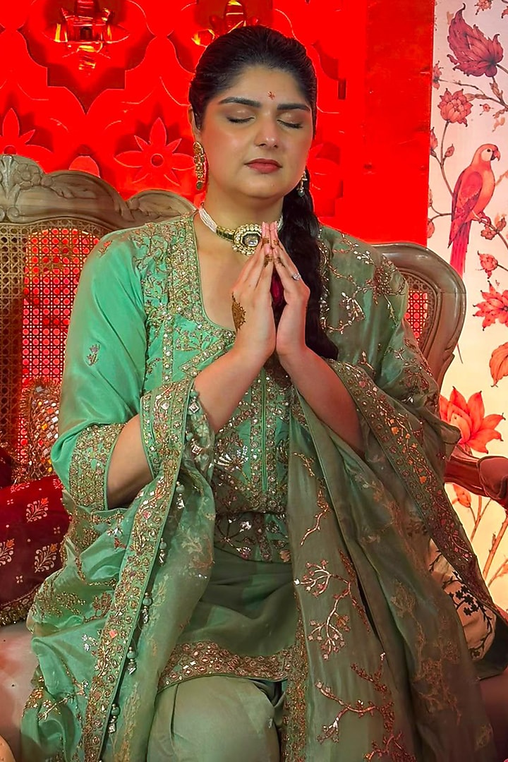 Sage Green Silk Chandi Tilla Embroidered Kurta Set by Punit Balana at Pernia's Pop Up Shop