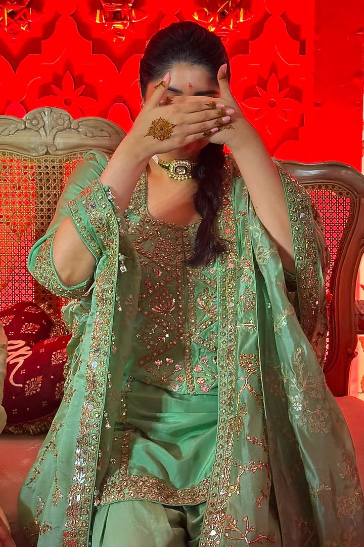 Sage Green Silk Chandi Tilla Embroidered Kurta Set by Punit Balana at Pernia's Pop Up Shop