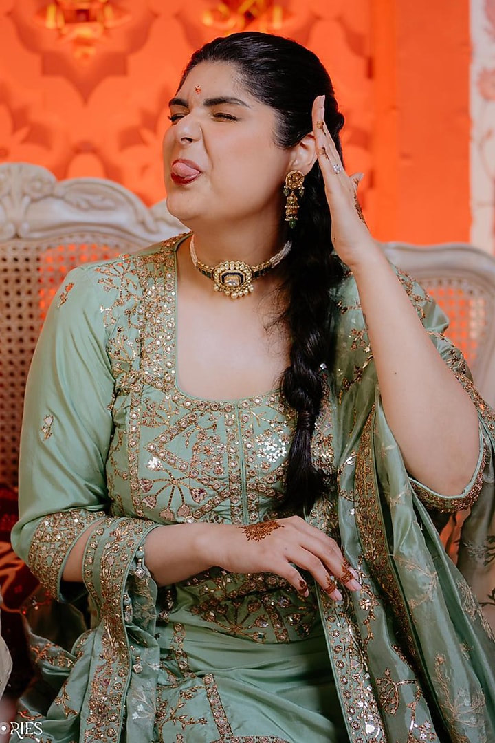 Sage Green Silk Chandi Tilla Embroidered Kurta Set by Punit Balana at Pernia's Pop Up Shop