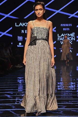 Black & White Embellished Striped Gown by Punit Balana
