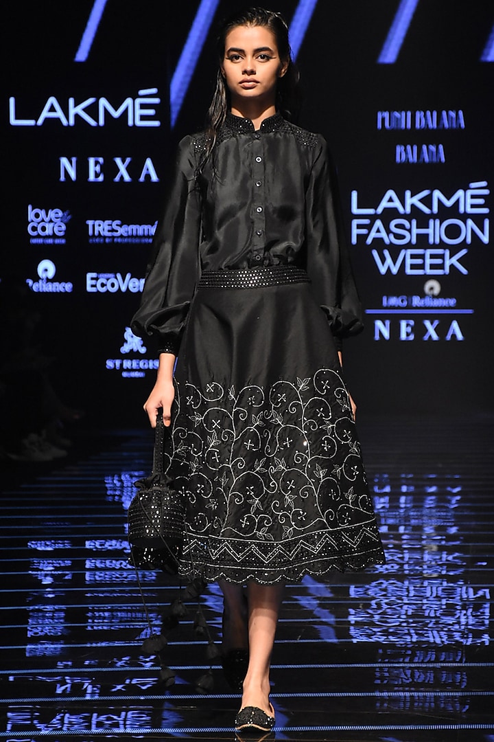 Black Embellished Skirt With Shirt & Bralette by Punit Balana
