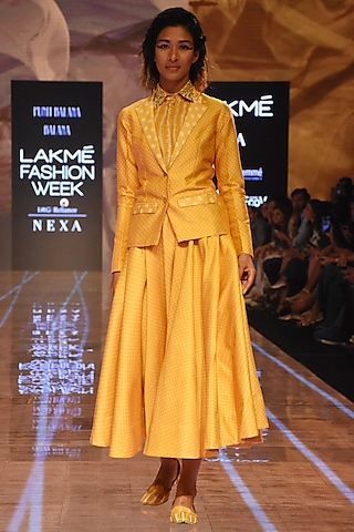 Mustard Bandhani Skirt With Shirt & Blazer by Punit Balana