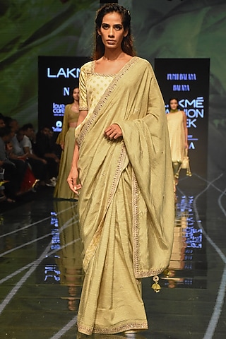 Henna Green Satin Silk Stripe Printed Saree Set by Punit Balana