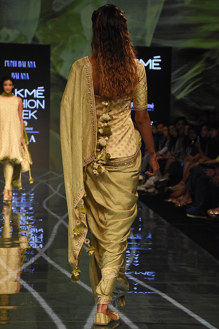 Henna Green Satin Silk Stripe Printed Wedding Saree Set by Punit Balana at Pernia's Pop Up Shop