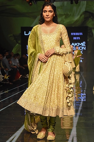 Henna Green Printed Anarkali With Dupatta by Punit Balana