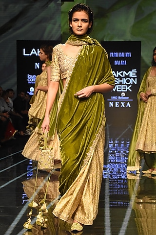 Henna Green Satin Silk & Velvet Bandhani Printed Saree Set by Punit Balana