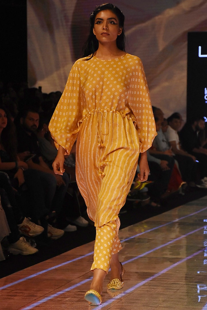 Mustard Bandhani Tunic With Pants by Punit Balana