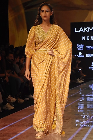 Mustard Printed & Embellished Saree Set by Punit Balana
