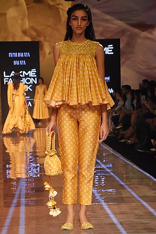 Mustard Embellished Bandhani Top With Pants by Punit Balana
