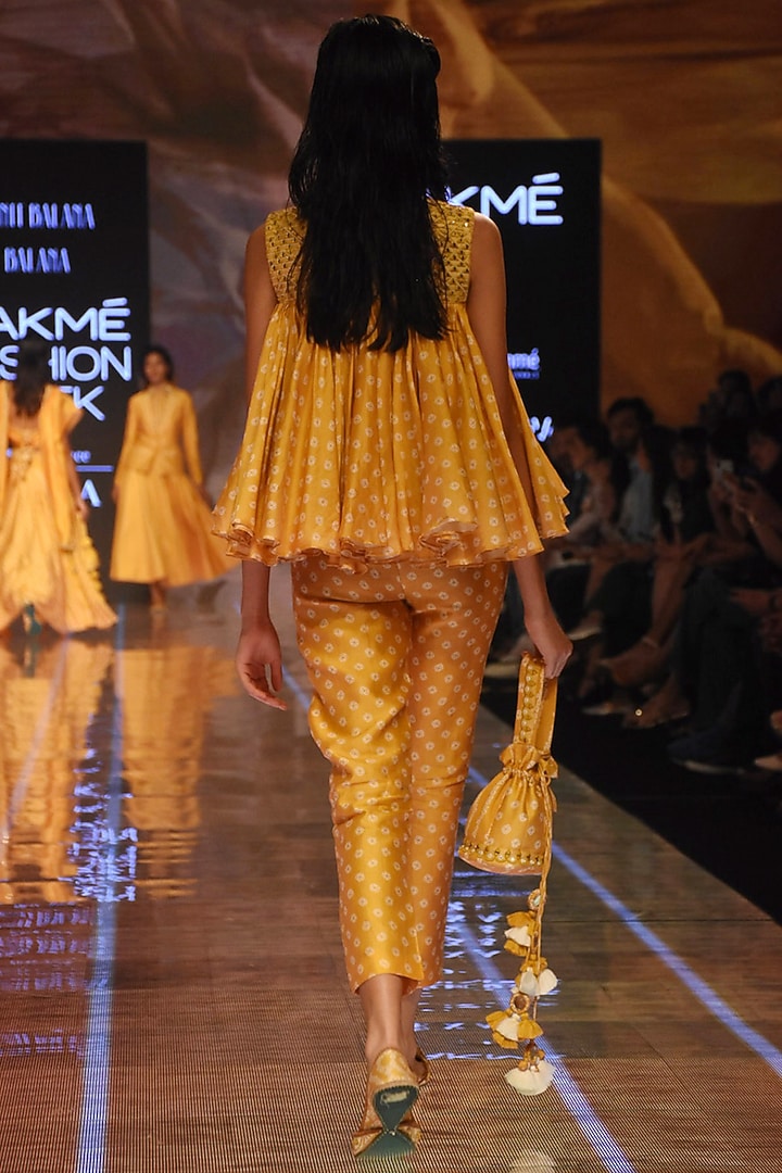 Mustard Embellished Bandhani Top With Pants by Punit Balana at Pernia's Pop Up Shop