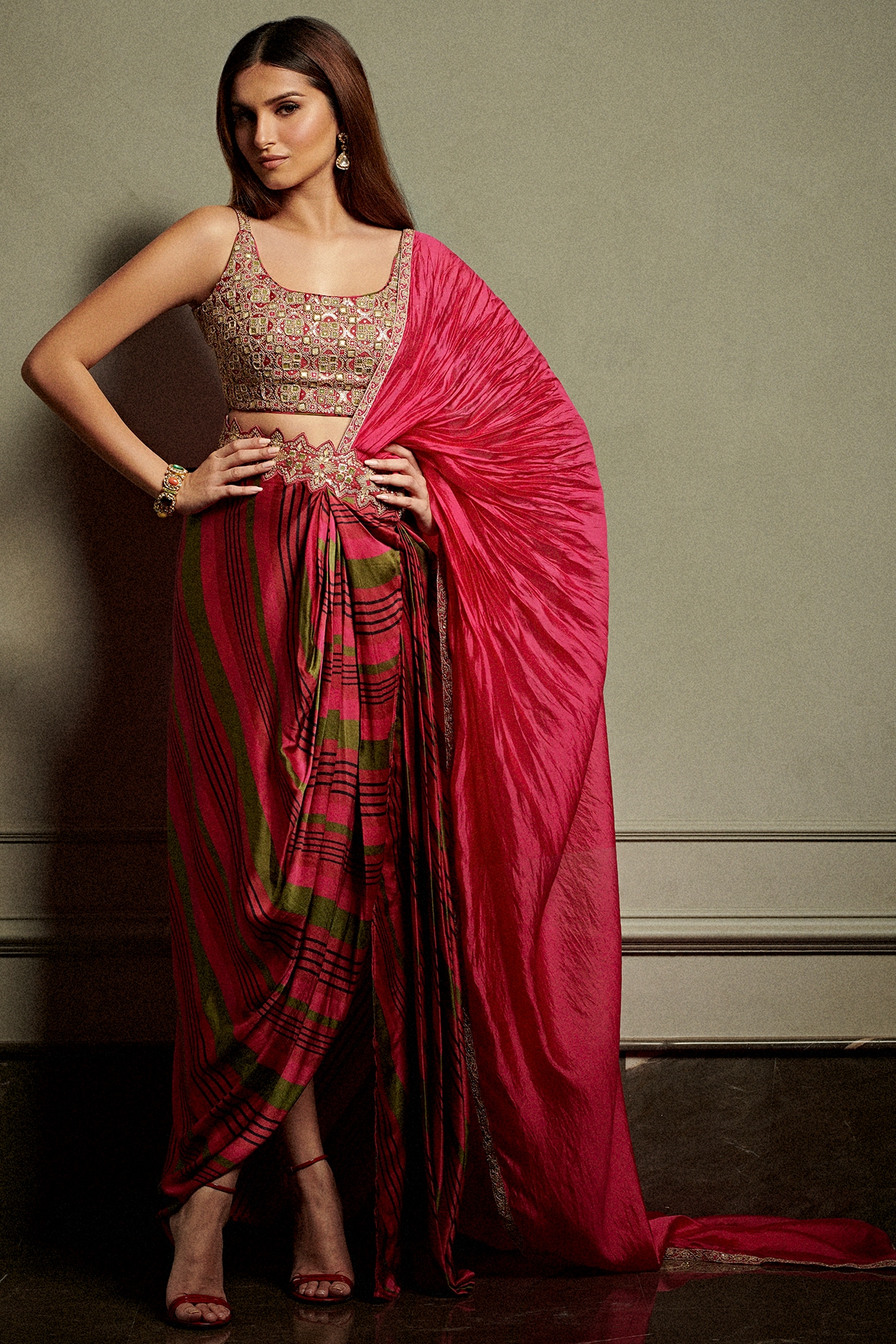 Cherry Red Silk Organza Embellished Saree With Scallop Hem