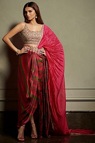 Cherry Red Satin Silk Saree Set by Punit Balana