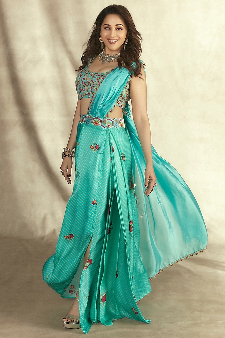 Turquoise Satin Silk Saree Set by Punit Balana