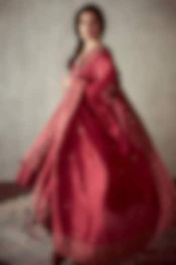 Cherry Red Silk Chanderi Anarkali Set by Punit Balana