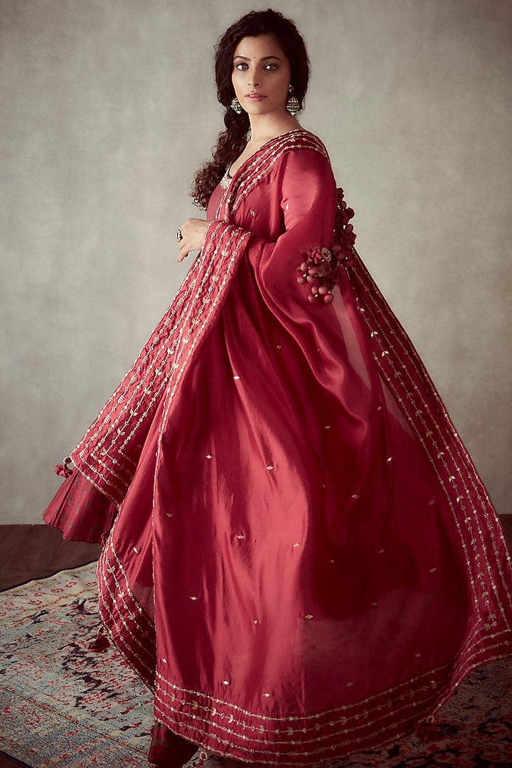 Cherry Red Silk Chanderi Anarkali Set by Punit Balana