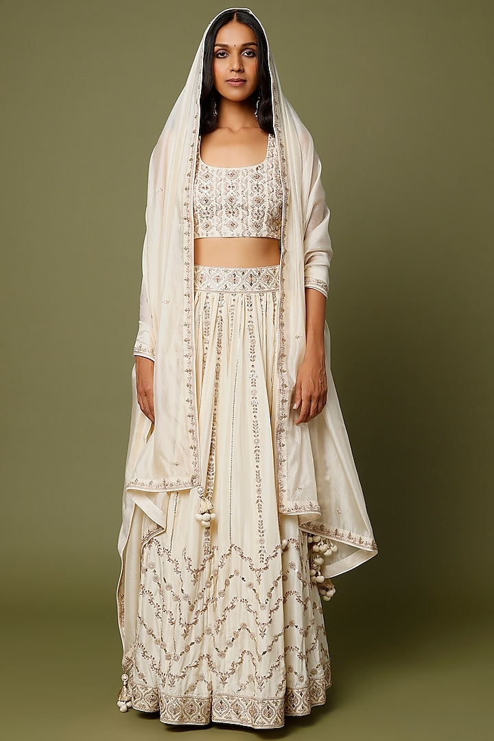 Ivory Embroidered Lehenga Set by Punit Balana