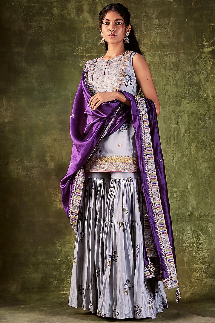 Grey Chanderi Silk Printed Gharara Set by Punit Balana at Pernia's Pop Up Shop